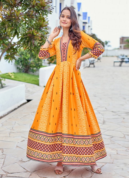 Orange Colour Rayon Print Gown Collection Wholesale Clothing Distributors In India Aaradhna 2032